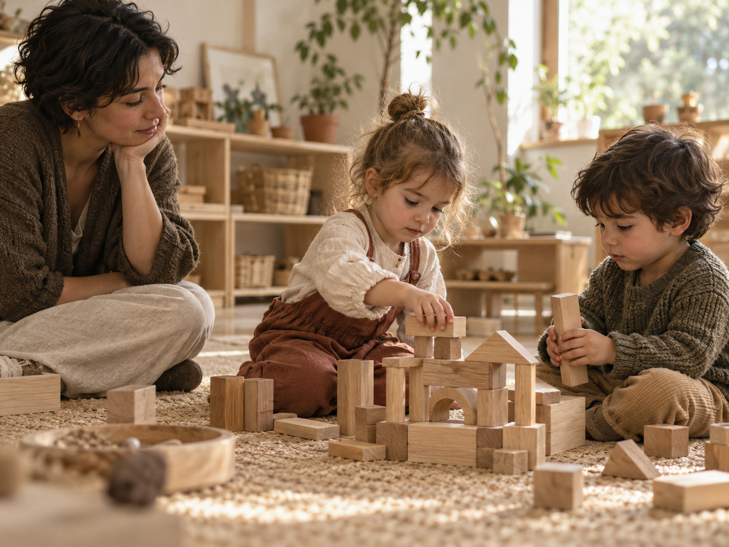 An educator quietly observes children exploring wooden blocks.