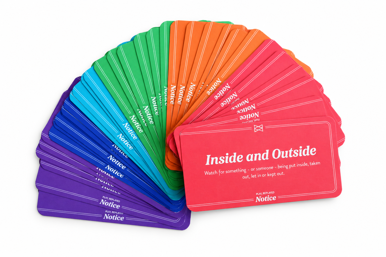 The complete Play, Replayed Notice deck fanned out on white, with Inside and Outside at the front