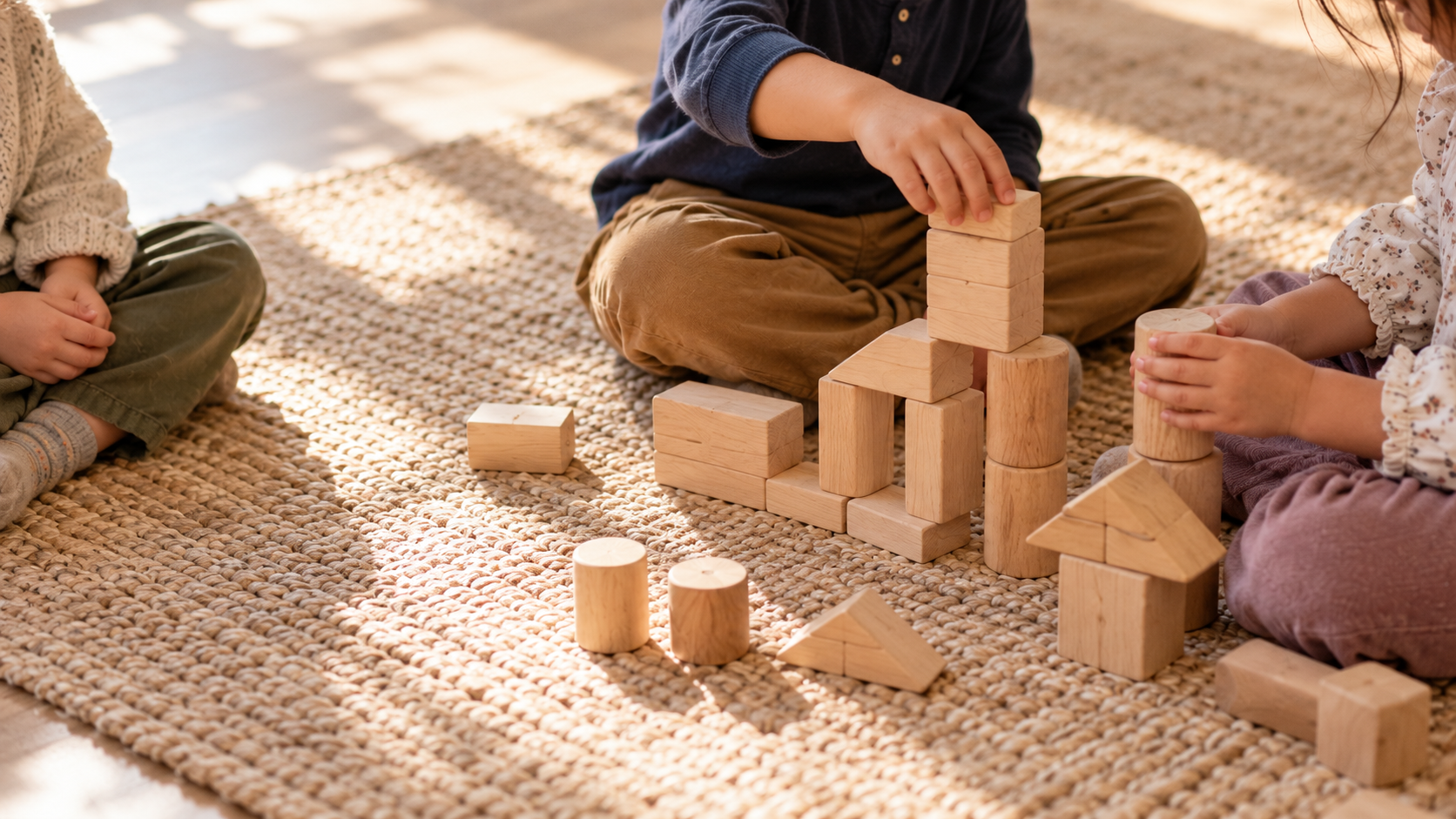 A close view of children’s hands building with wooden blocks; the observing child’s hands rest nearby.