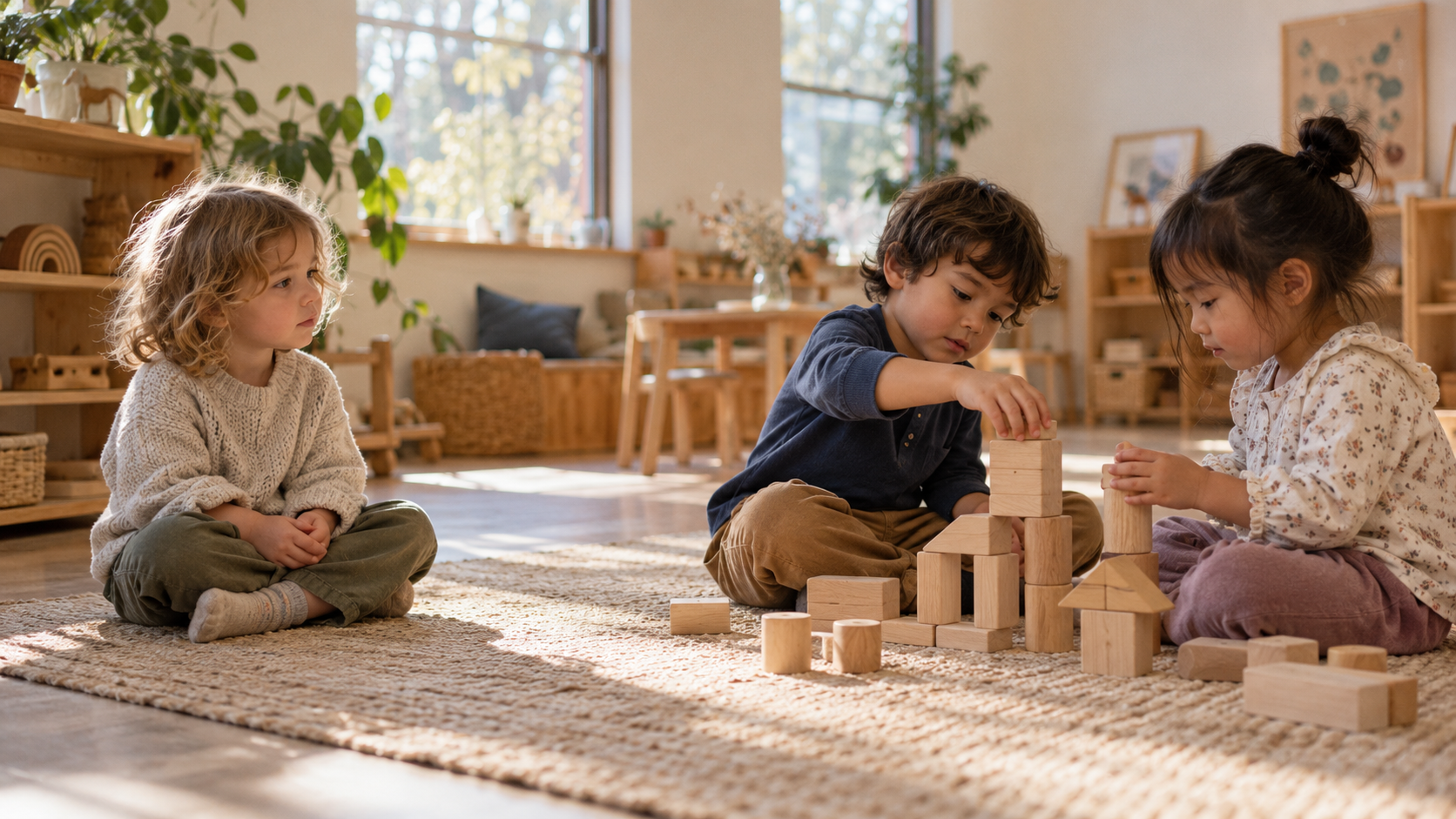 An illustrative play scene: a child sits quietly watching two other children build with wooden blocks.